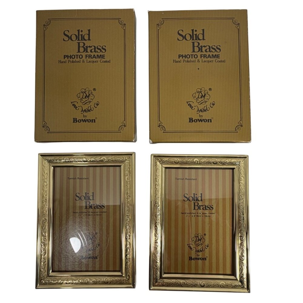 NIB Set Of 2 BOWON Solid Brass Intricate Floral Table Top Photo Frames 3.5x5